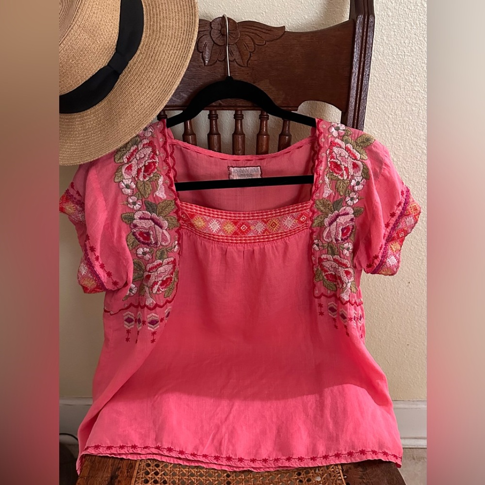 Johnny Was Pink Ramie Embroidered Shop Sleeve Boho Blouse